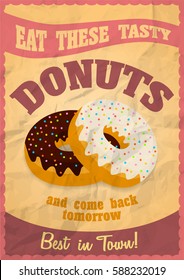 Vintage Donuts Poster. Vector illustration. Crumpled paper effect easy to remove