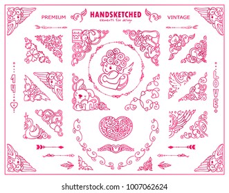 Vintage doodle 14 february or st. Valentine's day set of corners, arrows, pendants, dividers in kawaii cartoon stylize retro style. Vector template for frames, borders, cards. Beauty pink color