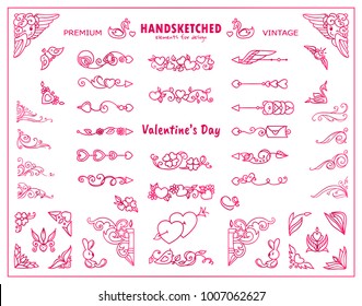 Vintage doodle 14 february or st. Valentine's day set of arrows, dividers, squares in kawaii cartoon stylize retro style. Vector template for frames, borders, cards. Beauty pink color