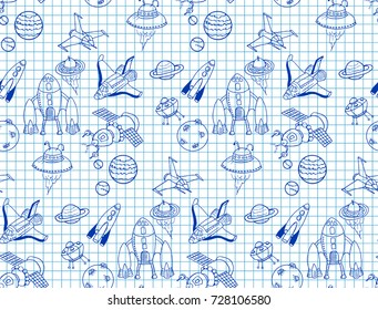 Vintage doodle background on workbook page. Seamless pattern of vector hand drawn spaceships. Retro space wallpaper.