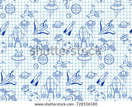 Vintage doodle background on workbook page. Seamless pattern of vector hand drawn spaceships. Retro space wallpaper.