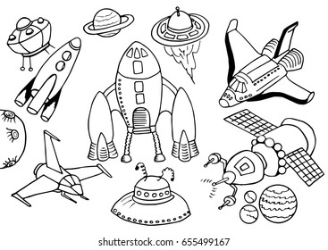 Vintage doodle background. Set of vector hand drawn spaceships. Retro space icons.