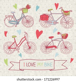 Vintage doodle bicycle background, vector illustration "I love my bike"