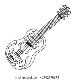 Vintage doodle card with mexican guitar on white background. Vector hand drawn holiday illustration of musical instrument. Outlined element for design. 