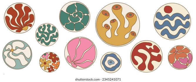 Vintage Doodle Curve Aestethic Sticker Set in Round Shape. Groovie Abstract Flower, Coral, Seashell, Wave in Retro Style. Organic Hippie Backgrounds for T-Shirts, Wallpaper, Case Phone. Vector