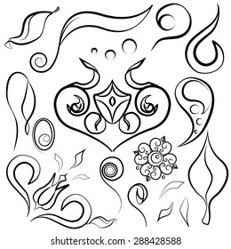 Vintage doodle elements and borders set for ornate and decorations. Curls, leaves, floral ornament