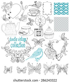 Vintage doodle elements - pattern, flower, butterfly and other for beautiful design, collection for wedding design, cards or other beautiful things, Vector