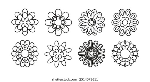 Vintage doodle floral set. Linear drawing, groovy flowers for coloring book. 