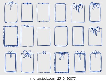 Vintage doodle frames with bows ribbons silk retro decoration collection sketch set for wedding poster, menu, dessert, dish.