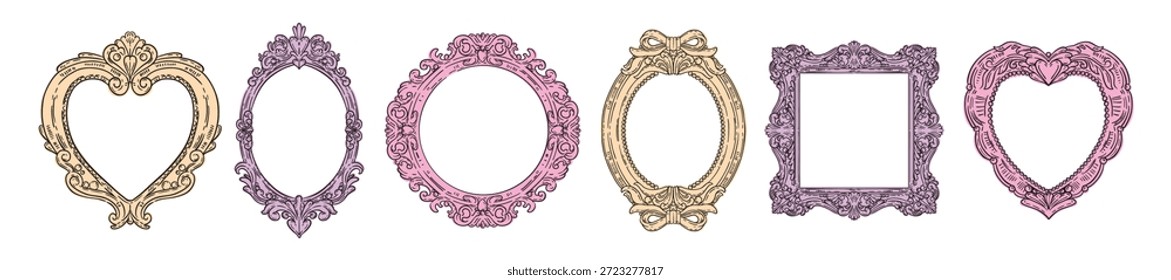 Vintage doodle frames, hand drawn whimsical border shape set, antique cartoon picture decoration art. Old ornamental geometric abstract design, mirror decor, empty photo blank. Museum doodle frames