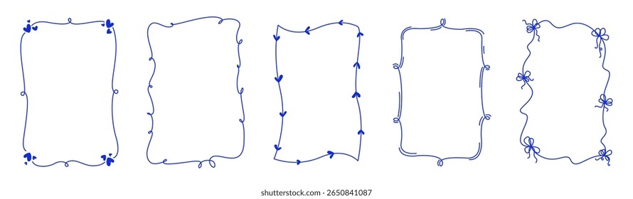 Vintage doodle Frames with wavy squiggle curly ribbons. Trendy whimsical Borders in cute Coquette style for greeting cards, birthday, wedding invitations. Vector illustration