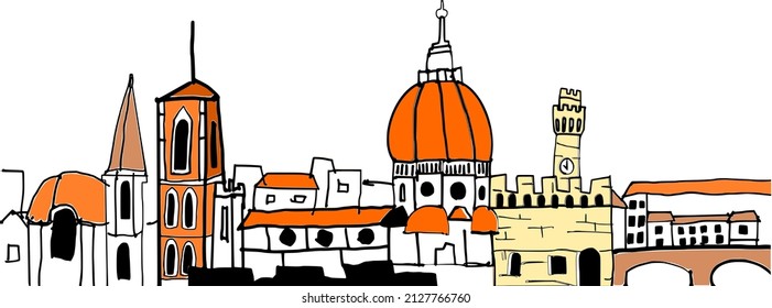 vintage doodle free hand drawn vector illustration of famous tourist destination Cathedral of Santa Maria del Fiore and Piazza Duomo and Ponte Vecchio of Florence Italy.