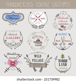 Vintage  doodle hand drawing logotype set.Business logo in sketchy style with arrows,swirls,icons,sign,ribbons.For brand,company, identity.Retro vector kit