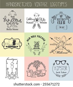 Vintage  doodle hand drawing logotype set.Business logo in sketchy style with arrows,swirls,icons,sign,ribbons.For brand,company, identity.Retro vector kit