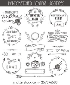 Vintage  doodle hand drawing logotype elements set.Business logo in sketchy style with arrows,swirls,icons,sign,ribbons.For brand,company, identity.Retro vector kit