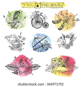Vintage  doodle hand drawing logotype set.Floral decor,Watercolor splashes.Hand drawing Business logo with arrows,swirls,icons,flowers,branches,,ribbons.For brand,company, identity.Retro vector kit