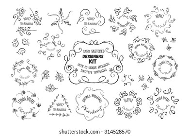 Vintage doodle hand drawn logotype set. Floral decor. Business sketched logo with swirls, icons, flowers, branches, catchwords. For brand,company, identity. Retro vector kit

