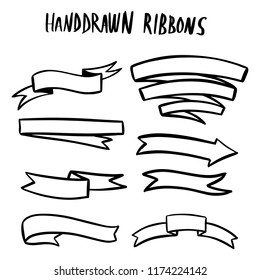 Vintage doodle hand drawn ribbons scrolls set. Vector illustration. Sketched banners and bands. Rustic design elements
