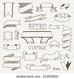 Vintage doodle hand drawn ribbons set. Vector illustration.