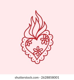 Vintage doodle heart decorated with flowers, lace. Hand-drawn illustration of burning heart fire. Retro design element for cards, invitations. Vector isolated clip art