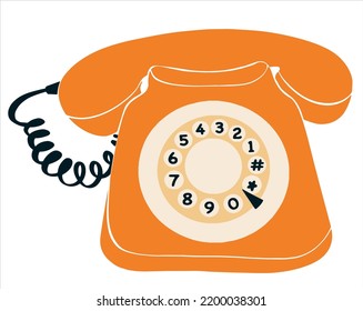 Vintage doodle illustration of phone with wire for decorative design. Network connection background. Vector drawing of an orange telephone with a drum.