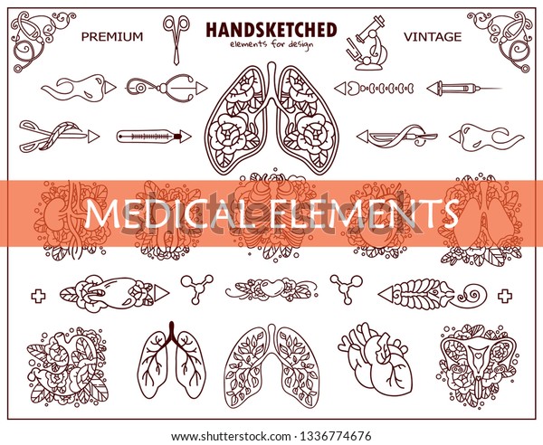 Vintage doodle medical set of index, ornate arts\
in retro hand drawn style. Vector template for logotypes, arts,\
tattoo, borders, cards. Medical tools and human organs with rose\
flowers and leaves