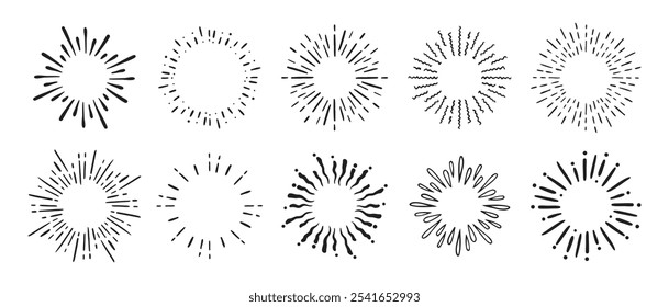 Vintage doodle round Fireworks Sunburst Explosion set. Hand drawn Design Elements Black Rays. Vector illustration