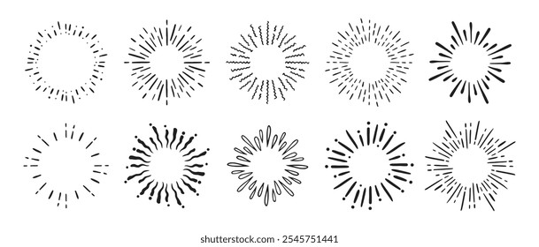 Vintage doodle round Fireworks Sunburst Explosion set. Hand drawn Design Elements Black Rays. Vector illustration