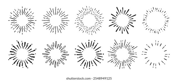 Vintage doodle round Fireworks Sunburst Explosion set. Hand drawn Design Elements Black Rays. Vector illustration