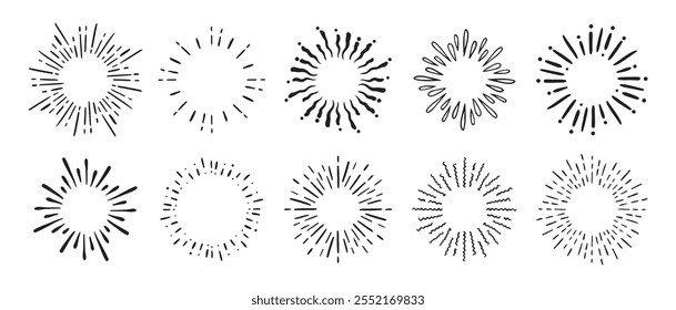 Vintage doodle round Fireworks Sunburst Explosion set. Hand drawn Design Elements Black Rays. Vector illustration