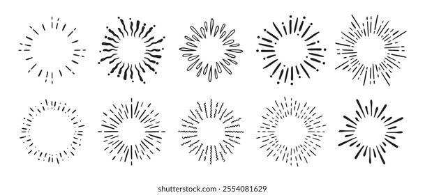 Vintage doodle round Fireworks Sunburst Explosion set. Hand drawn Design Elements Black Rays. Vector illustration