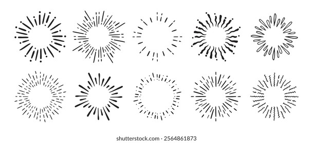 Vintage doodle round Fireworks Sunburst Explosion set. Hand drawn Design Elements Black Rays. Vector illustration