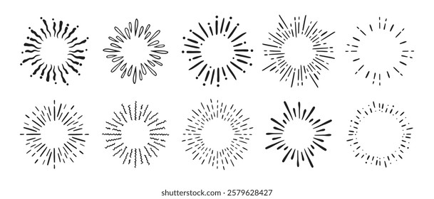 Vintage doodle round Fireworks Sunburst Explosion set. Hand drawn Design Elements Black Rays. Vector illustration