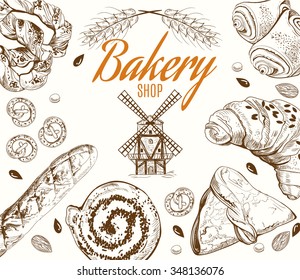 Vintage doodle set with different kinds of  bakery production and mill on white background. Vector illustration