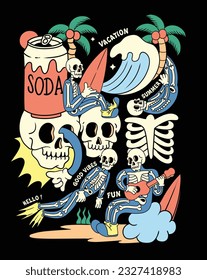 vintage doodle skeleton summer character illustration