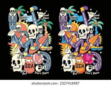 vintage doodle skeleton summer character illustration