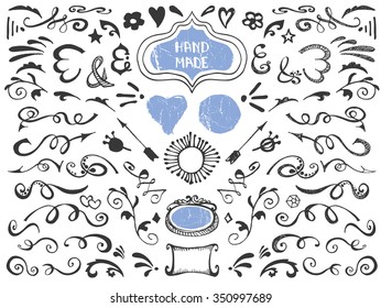 Vintage Doodles curls and swirls decorative collection.Hand drawn  Borders,love decor elements.For wedding ,Valentine day,holiday design template,invitation,menu,Easter,birthday.Vector isolated