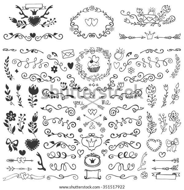 Vintage Doodles curls, swirls,\
floral decorative collection.Hand drawn Borders, flowers, frames,\
love decor elements. For wedding,Valentine day, holiday design,\
invitation, menu, Easter, birthday. Vector\
isolated