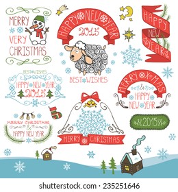 Vintage Doodles Merry Christmas,New Year Calligraphic And Typographic badges,labels  With Chalk Word Art,ribbons,snowflakes ,swirls,icons.Sheep year.Vector