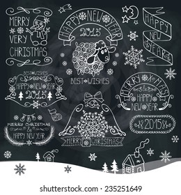 Vintage Doodles Merry Christmas,New Year Calligraphic And Typographic badges,labels  With Chalk Word Art,ribbons,snowflakes ,swirls On Blackboard.Sheep year.Vector