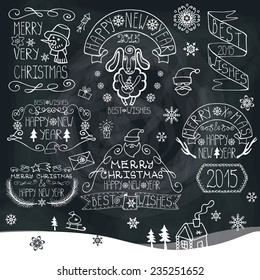 Vintage Doodles Merry Christmas,New Year Calligraphic And Typographic badges,labels  With Chalk Word Art,ribbons,snowflakes ,swirls On Blackboard.Sheep year.Vector