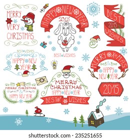 Vintage Doodles Merry Christmas,New Year Calligraphic And Typographic badges,labels  With Chalk Word Art,ribbons,snowflakes ,swirls,icons.Sheep year.Vector