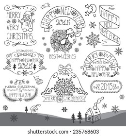 Vintage Doodles Merry Christmas,New Year Calligraphic And Typographic badges,labels  With Chalk Word Art,ribbons,snowflakes ,swirls .Sheep year.Outline Vector