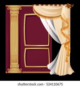 Vintage door with a curtain with gold ornaments isolated on a black background. Vector illustration.