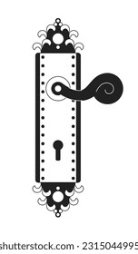 Vintage Türgriff monochrome flache Vektorobjekte. Antiker Türknauf. Versuch, die Tür zu öffnen. Bearbeitbar Schwarz-Weiß-Symbol in dünner Linie. Einfache Cartoon-Clip-Art-Spot-Illustration für Web-Grafik-Design