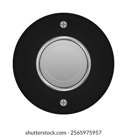 Vintage doorbell button. Circular button with a metallic center encased in a black case, secured with screws