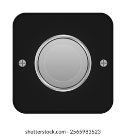 Vintage doorbell button. Circular button with a metallic center encased in a black square case with rounded corners, secured with screws