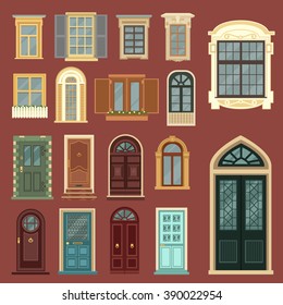 Vintage Doors. Detailed Windows. European Architecture. Architectural Details. Building Facade Elements. Vector illustration. Flat style