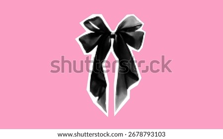 Vintage dot effect ribbon sticker. Retro halftone style bow coquette icon. Black elegant collage element.