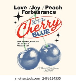 Vintage doted cherry graphic design, cherry blue slogan typography text print design, hand writing calligraphy font , cherry fruit illustration poster design